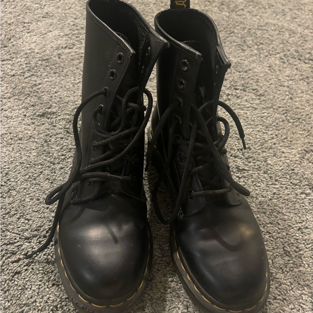 Dr. Martens Black Leather Lace-Up Boots with Yellow Stitching - Picture 2 of 4
